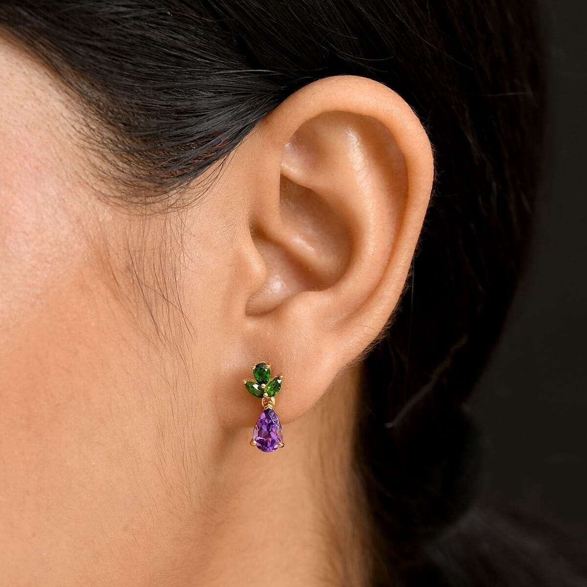 D'Joy Moroccan Amethyst and Chrome Diopside 2.25 ctw Forest Bloom Earrings in 18K Vermeil Yellow Gold Over Sterling Silver image number 2