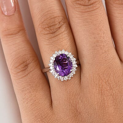D'Joy Premium Moroccan Amethyst and Moissanite 3.90 ctw Regal Bloom Ring in Rhodium Over Sterling Silver (Size 10.0)
