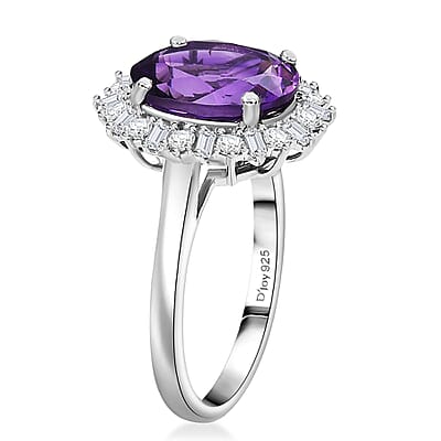 D'Joy Premium Moroccan Amethyst and Moissanite 3.90 ctw Regal Bloom Ring in Rhodium Over Sterling Silver (Size 10.0)