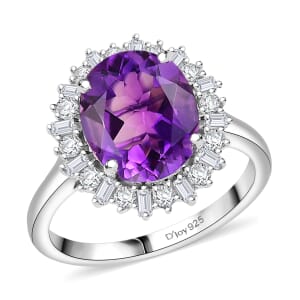 D'Joy Premium Moroccan Amethyst and Moissanite 3.90 ctw Regal Bloom Ring in Rhodium Over Sterling Silver (Size 7.0)
