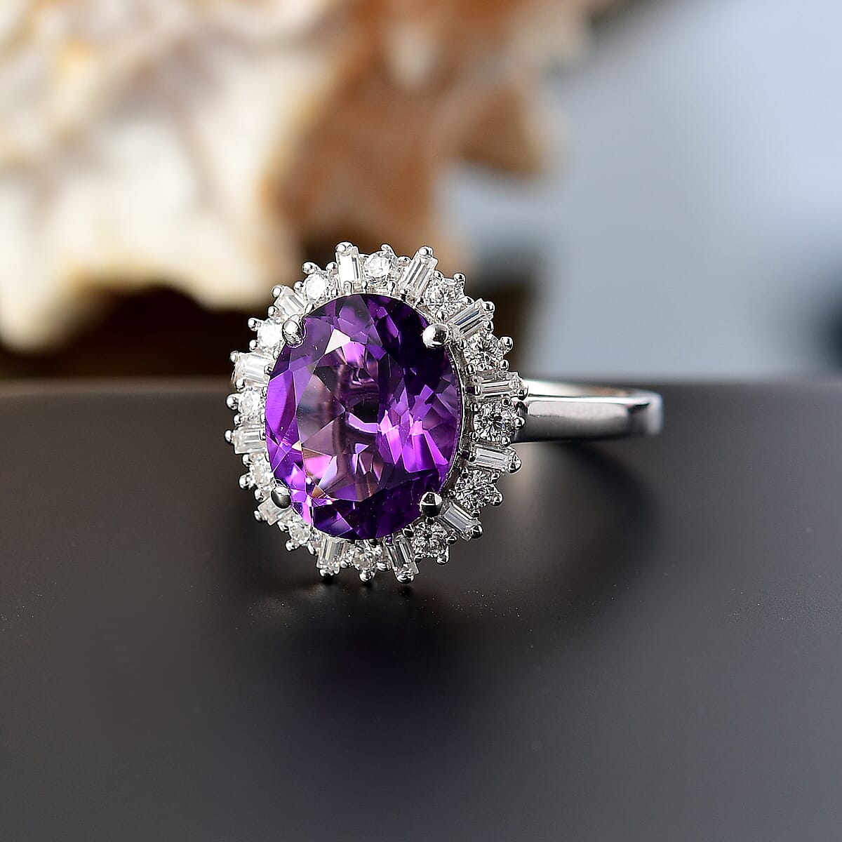 D'Joy Premium Moroccan Amethyst and Moissanite 3.90 ctw Regal Bloom Ring in Rhodium Over Sterling Silver (Size 8.0) image number 1