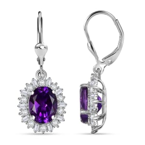 D'Joy Premium Moroccan Amethyst and Moissanite 4.50 ctw Regal Bloom Earrings in Rhodium Over Sterling Silver