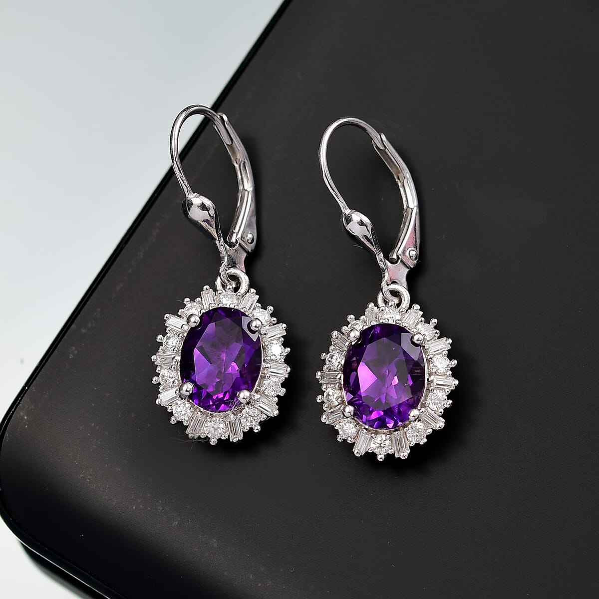D'Joy Premium Moroccan Amethyst and Moissanite 4.50 ctw Regal Bloom Earrings in Rhodium Over Sterling Silver image number 1