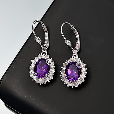 D'Joy Premium Moroccan Amethyst and Moissanite 4.50 ctw Regal Bloom Earrings in Rhodium Over Sterling Silver