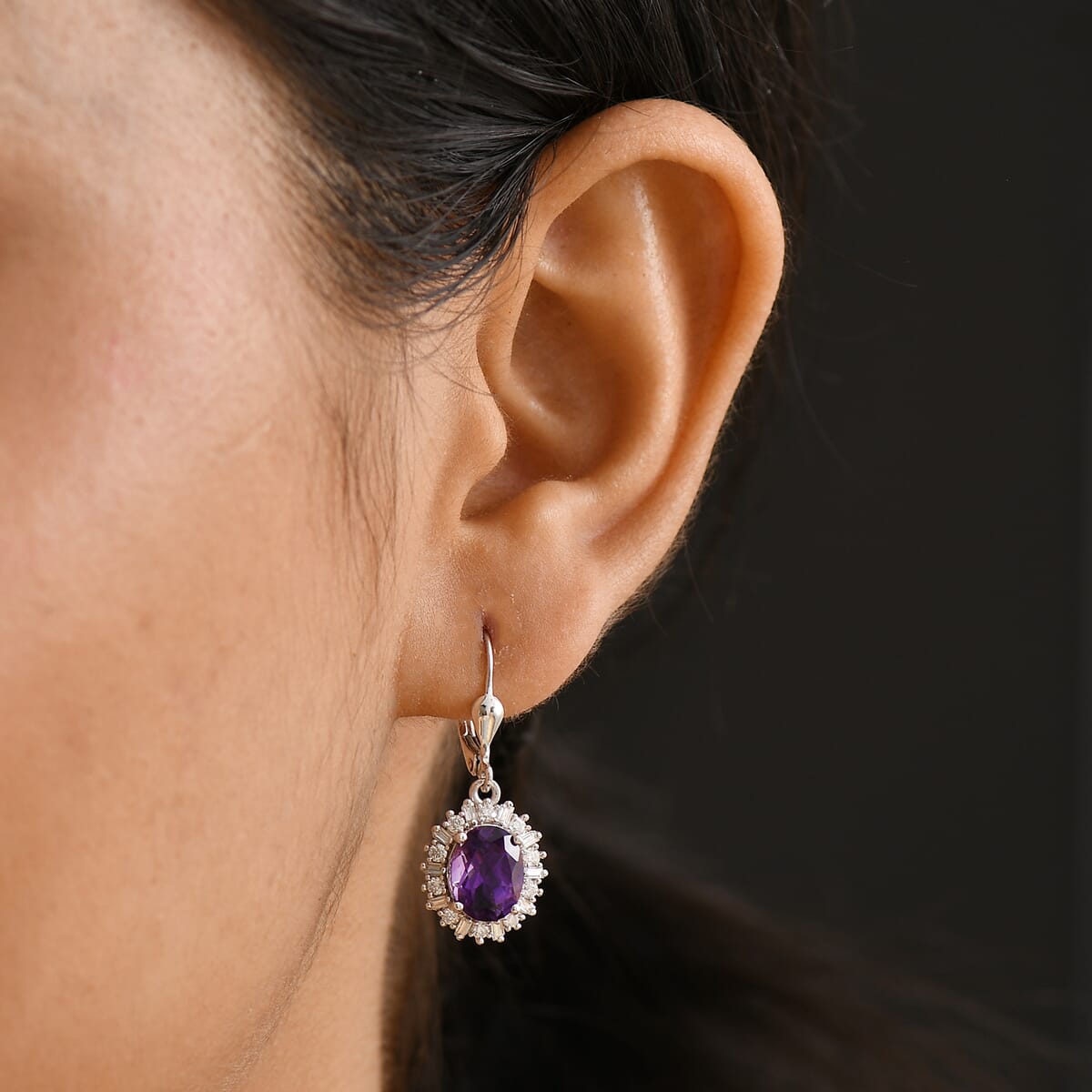D'Joy Premium Moroccan Amethyst and Moissanite 4.50 ctw Regal Bloom Earrings in Rhodium Over Sterling Silver image number 2