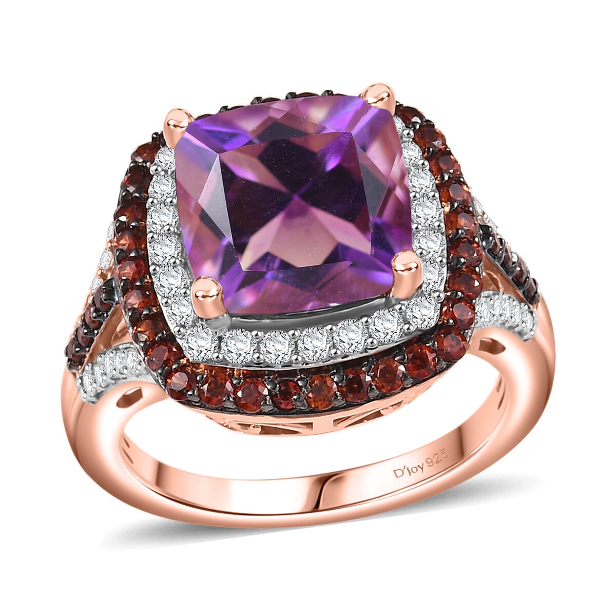 D'Joy Premium Moroccan Amethyst, Brown and White Zircon 5.80 ctw Twilight Majesty Ring in 18K Vermeil Rose Gold Over Sterling Silver (Size 10.0) image number 0