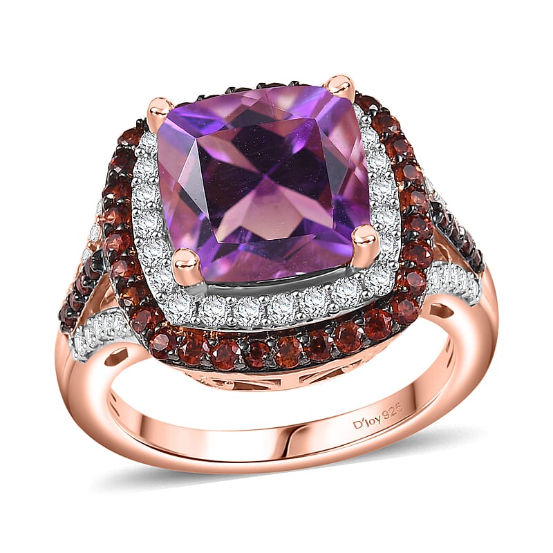 D'Joy Premium Moroccan Amethyst, Brown and White Zircon 5.80 ctw Twilight Majesty Ring in 18K Vermeil Rose Gold Over Sterling Silver (Size 10.0)