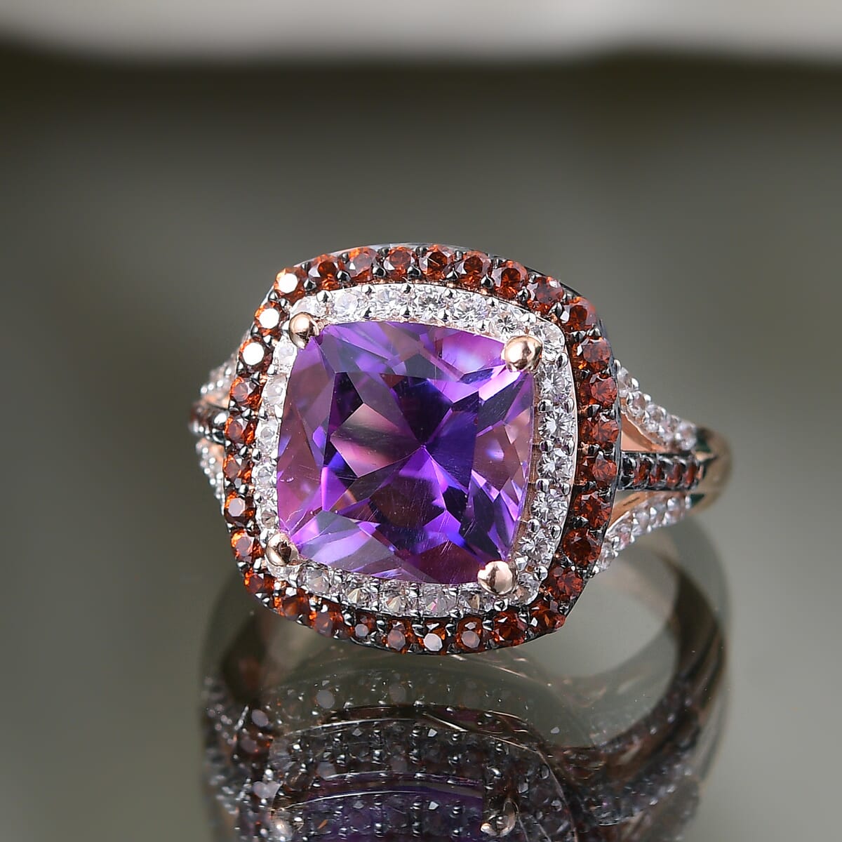 D'Joy Premium Moroccan Amethyst, Brown and White Zircon 5.80 ctw Twilight Majesty Ring in 18K Vermeil Rose Gold Over Sterling Silver (Size 10.0) image number 1