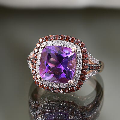 D'Joy Premium Moroccan Amethyst, Brown and White Zircon 5.80 ctw Twilight Majesty Ring in 18K Vermeil Rose Gold Over Sterling Silver (Size 10.0)