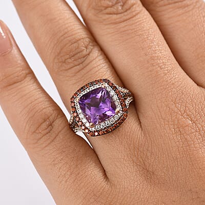 D'Joy Premium Moroccan Amethyst, Brown and White Zircon 5.80 ctw Twilight Majesty Ring in 18K Vermeil Rose Gold Over Sterling Silver (Size 10.0)