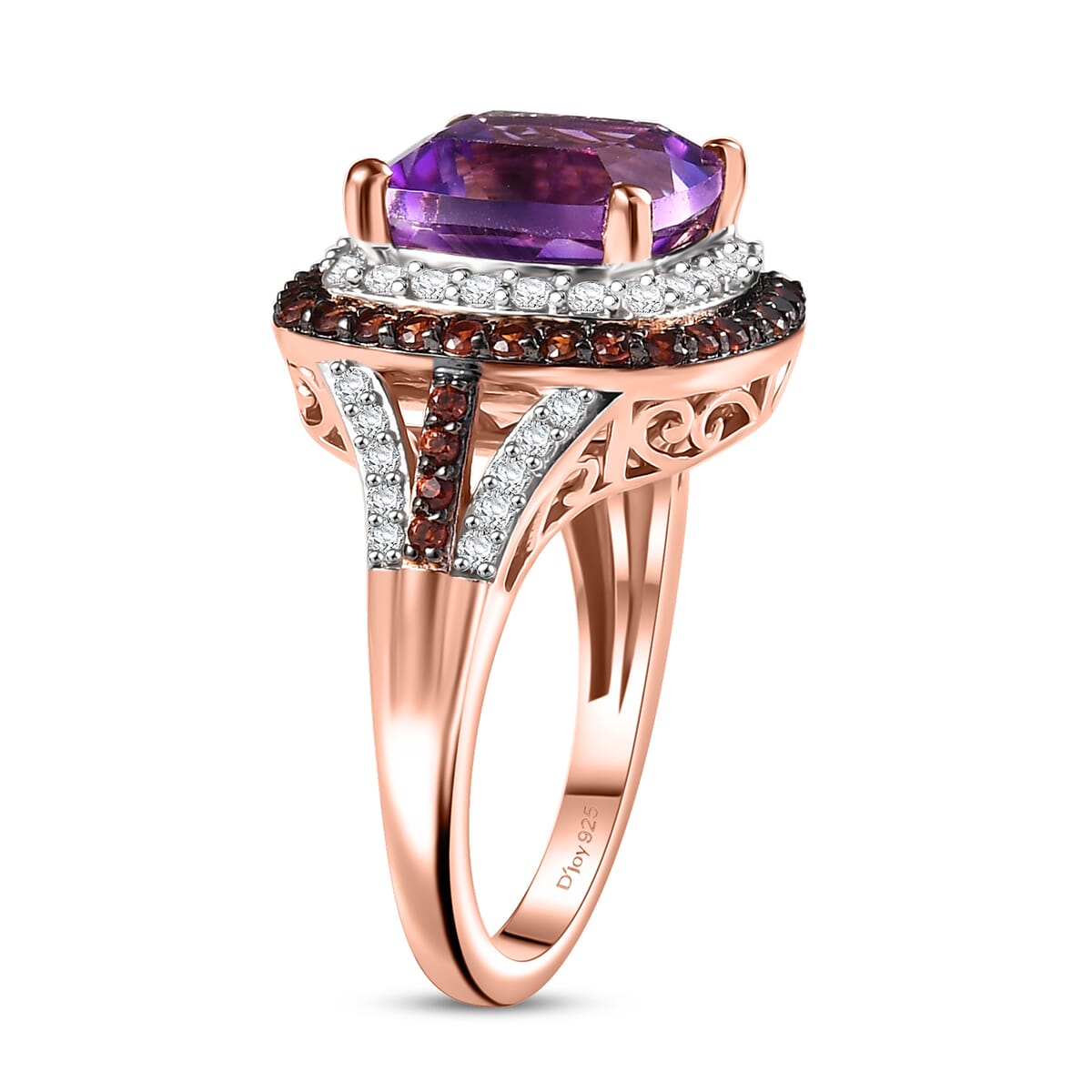 D'Joy Premium Moroccan Amethyst, Brown and White Zircon 5.80 ctw Twilight Majesty Ring in 18K Vermeil Rose Gold Over Sterling Silver (Size 10.0) image number 3