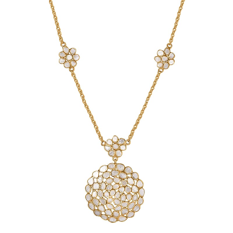 Polki Diamond 3.00 ctw Royal Medallion Necklace in 18K Vermeil Yellow Gold Over Sterling Silver 20 Inches