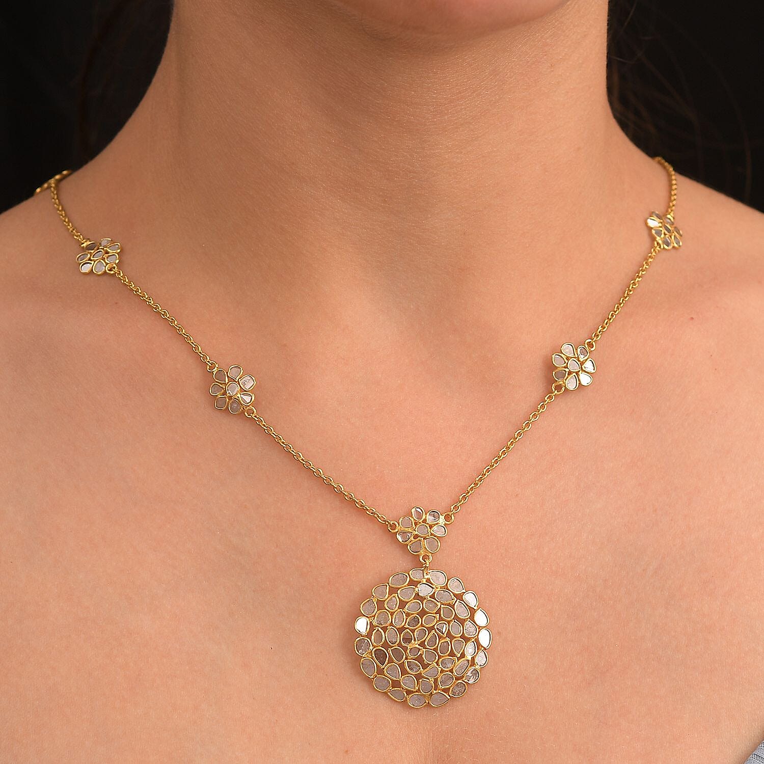 Polki Diamond 3.00 ctw Royal Medallion Necklace in 18K Vermeil Yellow Gold Over Sterling Silver 20 Inches
