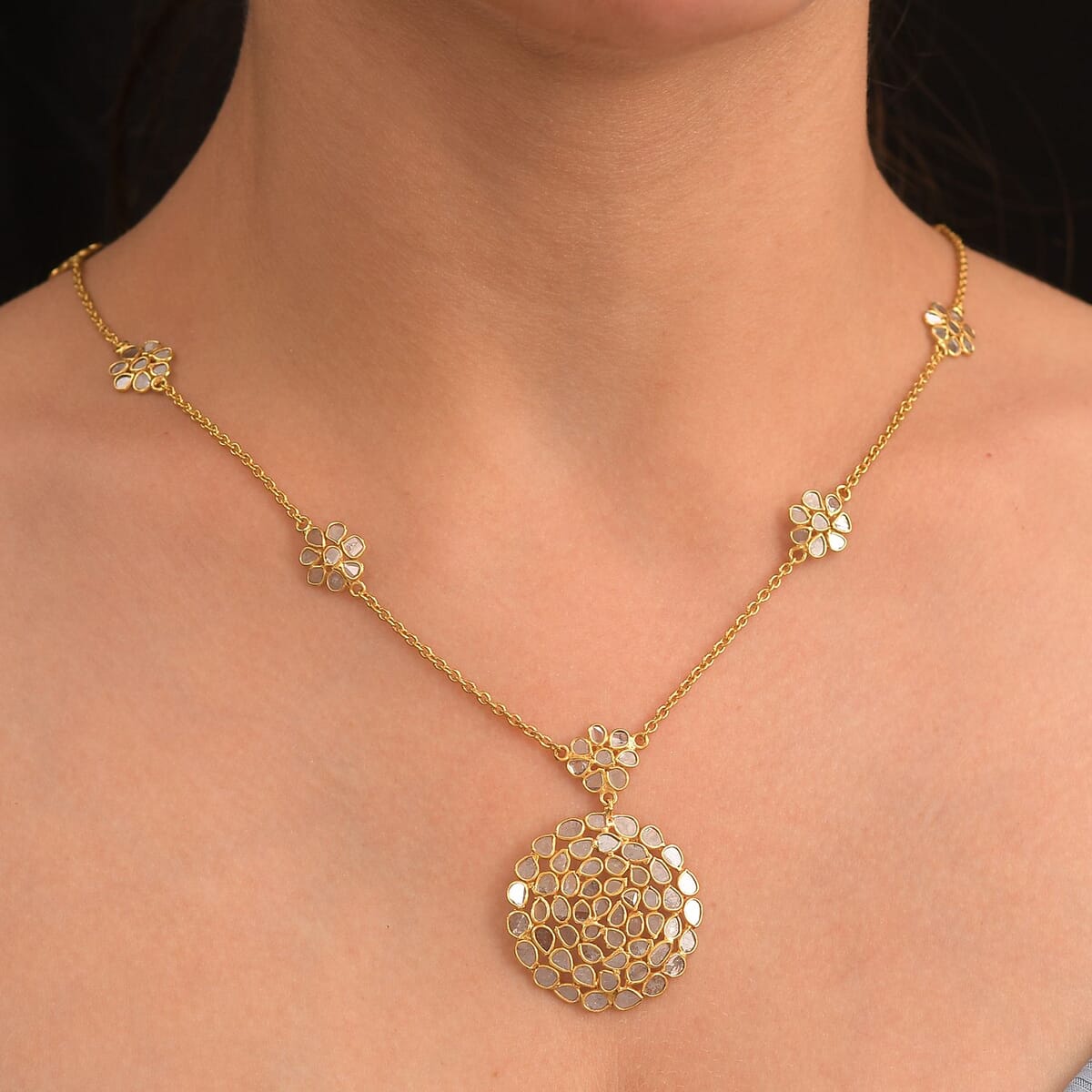 Polki Diamond 3.00 ctw Royal Medallion Necklace in 18K Vermeil Yellow Gold Over Sterling Silver 20 Inches image number 2