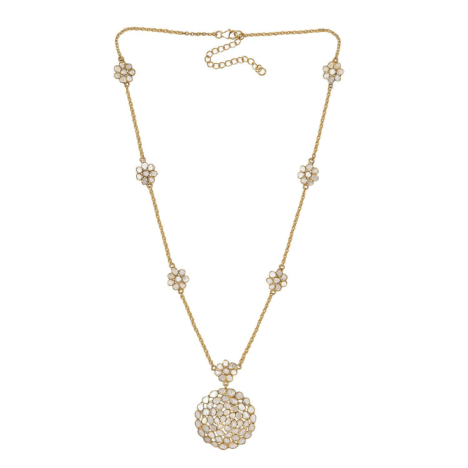 Polki Diamond 3.00 ctw Royal Medallion Necklace in 18K Vermeil Yellow Gold Over Sterling Silver 20 Inches
