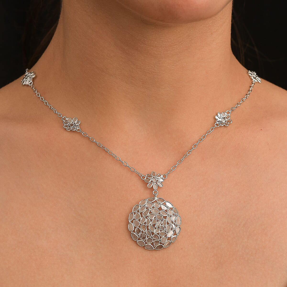 Polki Diamond 3.00 ctw Royal Medallion Necklace in Rhodium Over Sterling Silver 20 Inches image number 2