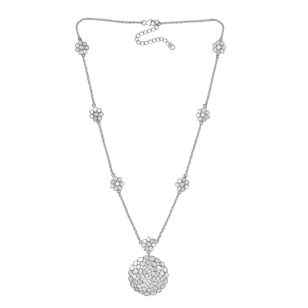 Polki Diamond 3.00 ctw Royal Medallion Necklace in Rhodium Over Sterling Silver 20 Inches image number 3