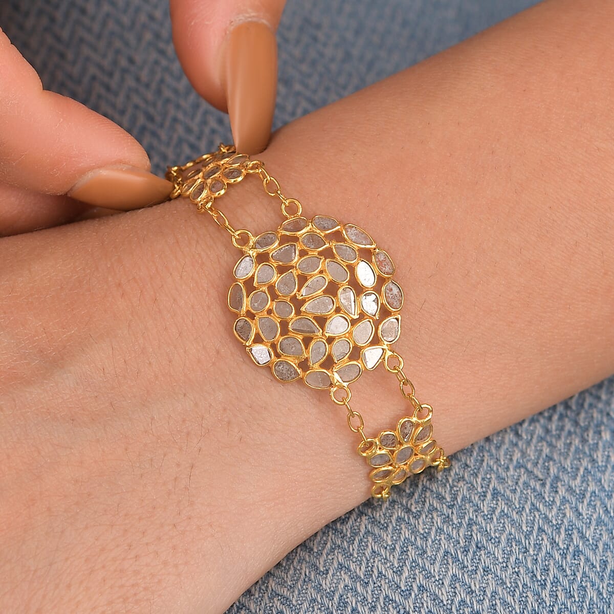 Polki Diamond 2.50 ctw Royal Medallion Bracelet in 18K Vermeil Yellow Gold Over Sterling Silver (7.25 In) image number 2