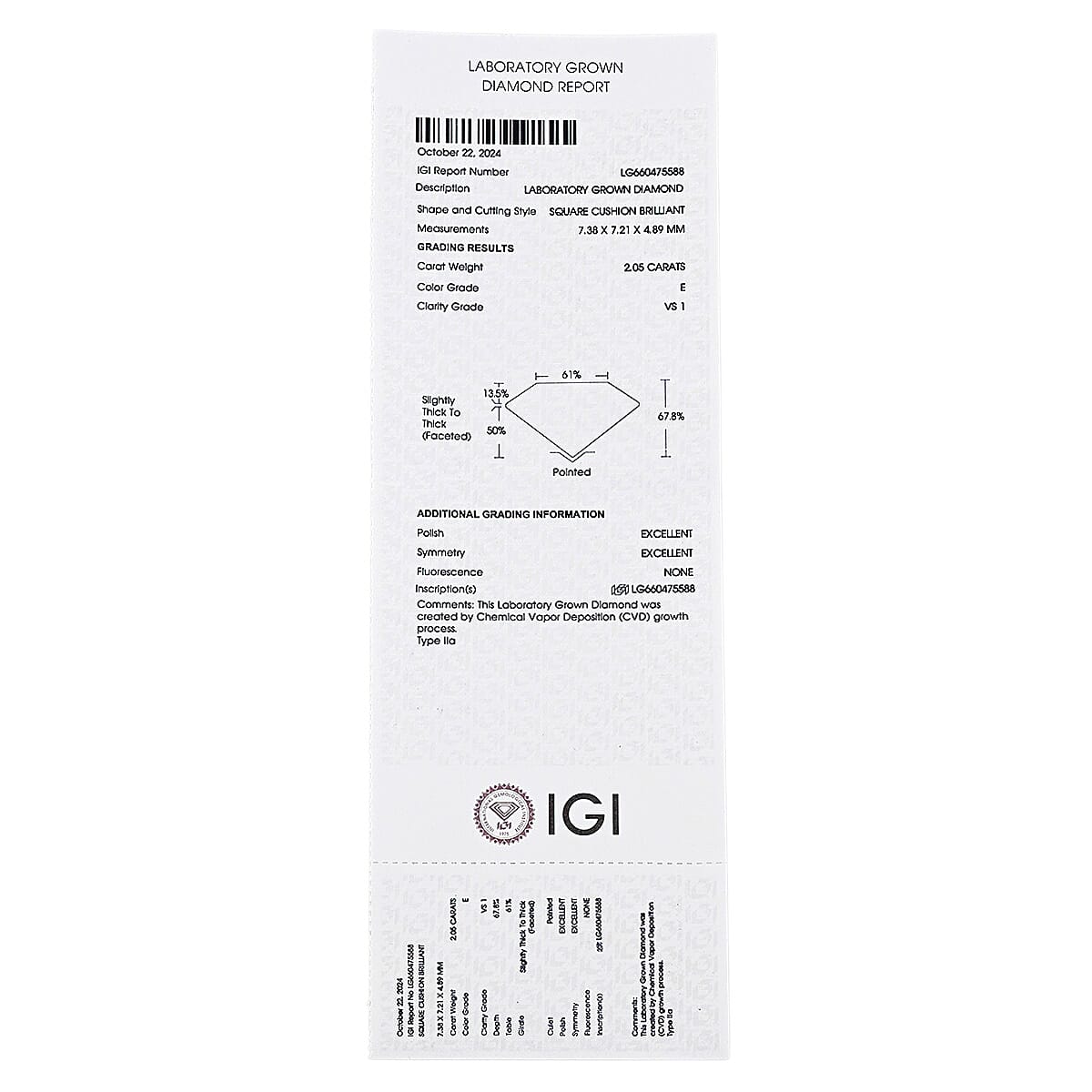 IGI Certified Luxuriant Lab Grown Diamond (Sqr Cush) (G, VS2)  2.00 ctw image number 6