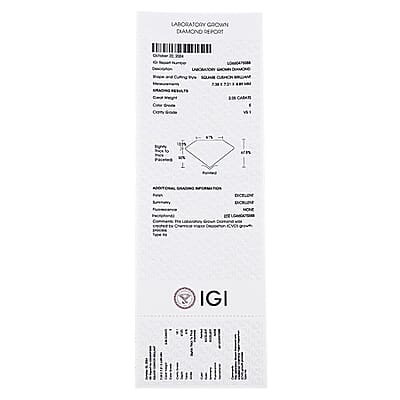 IGI Certified Luxuriant Lab Grown Diamond (Sqr Cush) (G, VS2)  2.00 ctw