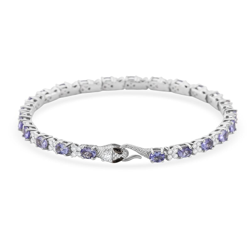 D'Joy Tanzanite and Multi Gemstone 5.85 ctw Serpent Bracelet in Rhodium Over Sterling Silver (6.50 In)