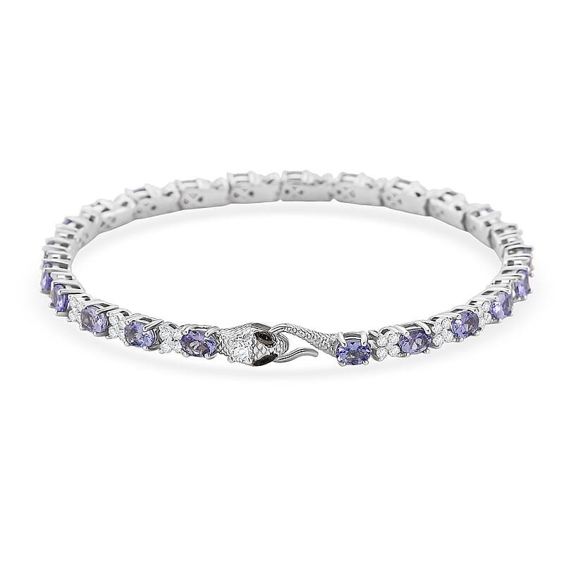 D'Joy Tanzanite and Multi Gemstone 5.85 ctw Serpent Bracelet in Rhodium Over Sterling Silver (6.50 In)
