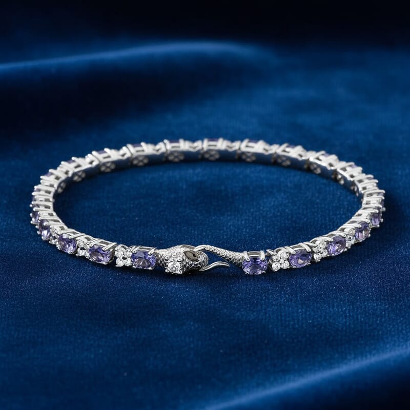 D'Joy Tanzanite and Multi Gemstone 5.85 ctw Serpent Bracelet in Rhodium Over Sterling Silver (6.50 In)