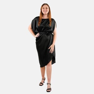 TAMSY Black Satin Drape Dress with Rose Stretch Belt