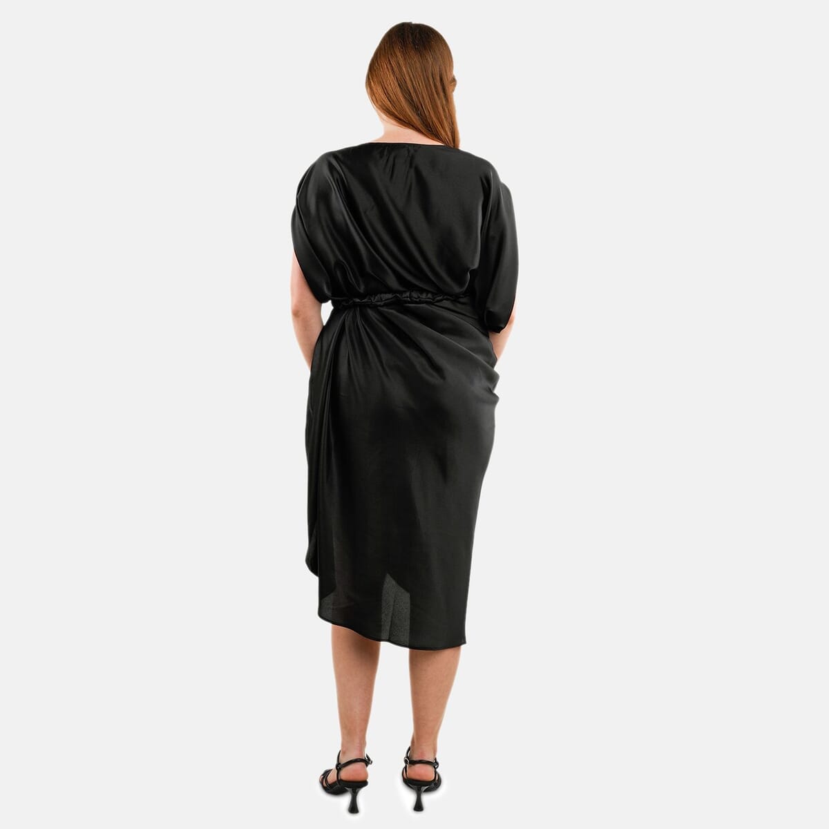 TAMSY Black Satin Drape Dress with Rose Stretch Belt image number 1