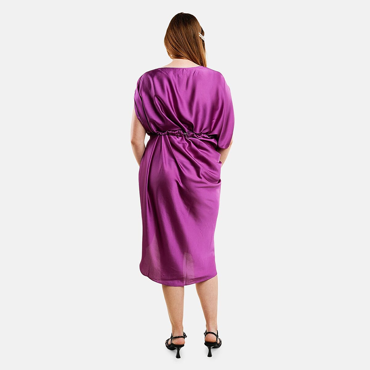 Tamsy Purple Satin Drape Dress with Removable Rose Stretch Belt &ndash; One Size Fits Most image number 1