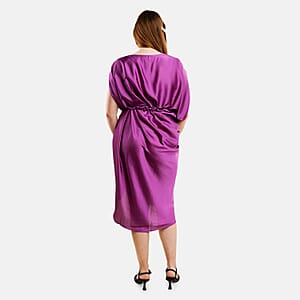 Tamsy Purple Satin Drape Dress with Removable Rose Stretch Belt &ndash; One Size Fits Most