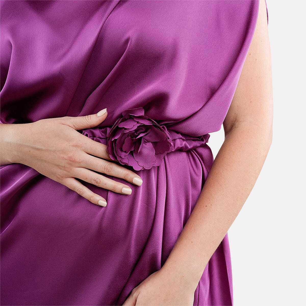 Tamsy Purple Satin Drape Dress with Removable Rose Stretch Belt &ndash; One Size Fits Most image number 3