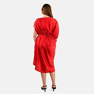 Tamsy Red Satin Drape Dress with Removable Rose Stretch Belt &ndash; One Size Fits Most