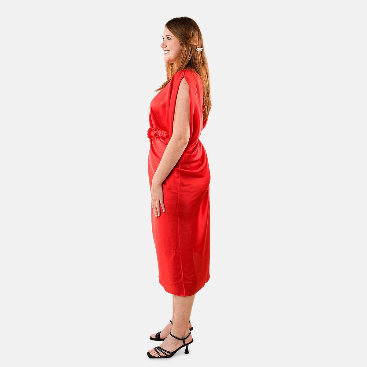 Tamsy Red Satin Drape Dress with Removable Rose Stretch Belt &ndash; One Size Fits Most image number 2