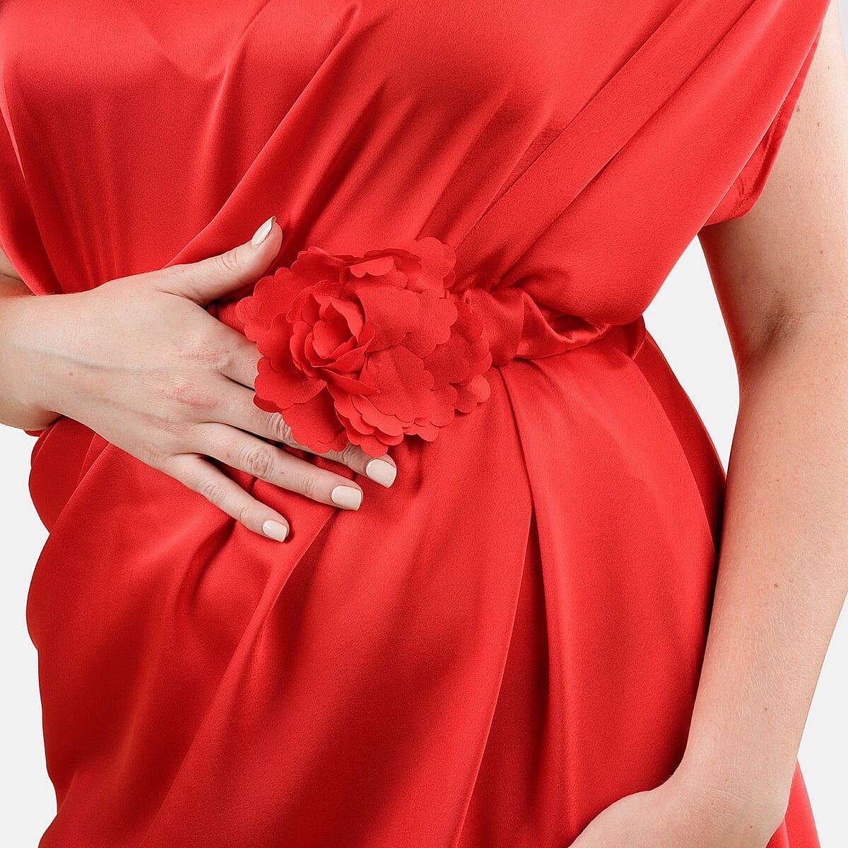 Tamsy Red Satin Drape Dress with Removable Rose Stretch Belt &ndash; One Size Fits Most image number 3