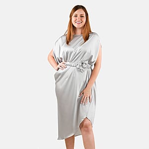 Tamsy Silver Satin Drape Dress with Removable Rose Stretch Belt &ndash; One Size Fits Most