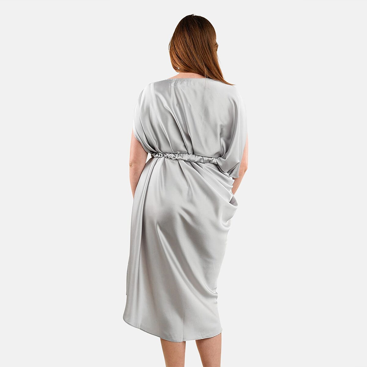 Tamsy Silver Satin Drape Dress with Removable Rose Stretch Belt &ndash; One Size Fits Most image number 1
