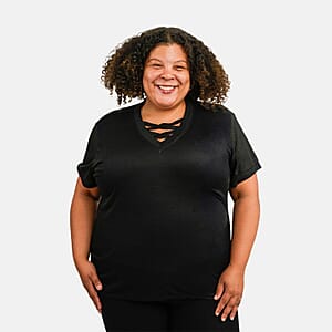 Tamsy Black Cross Front Slub Knit T-shirt - One Size Missy