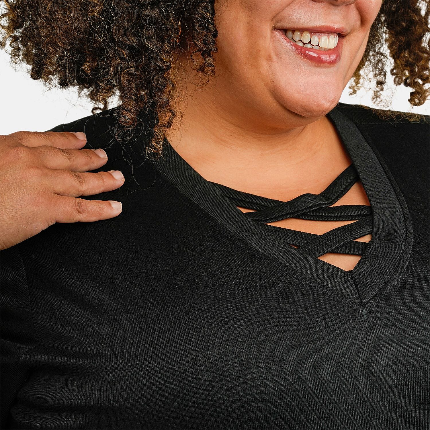 Tamsy Black Cross Front Slub Knit T-shirt - One Size Missy