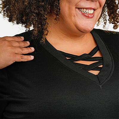 Tamsy Black Cross Front Slub Knit T-shirt - One Size Missy