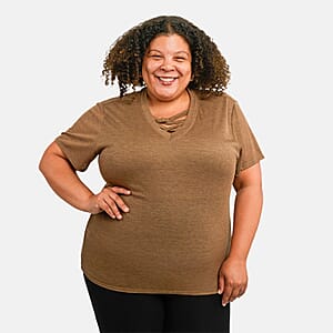 Tamsy Tan Cross Front Slub Knit T-shirt - One Size Missy