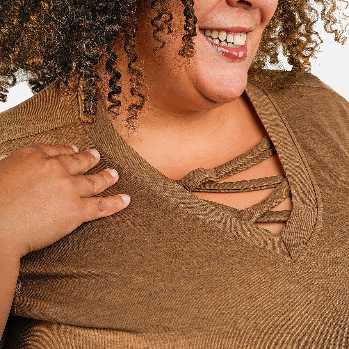 Tamsy Tan Cross Front Slub Knit T-shirt - One Size Missy image number 4