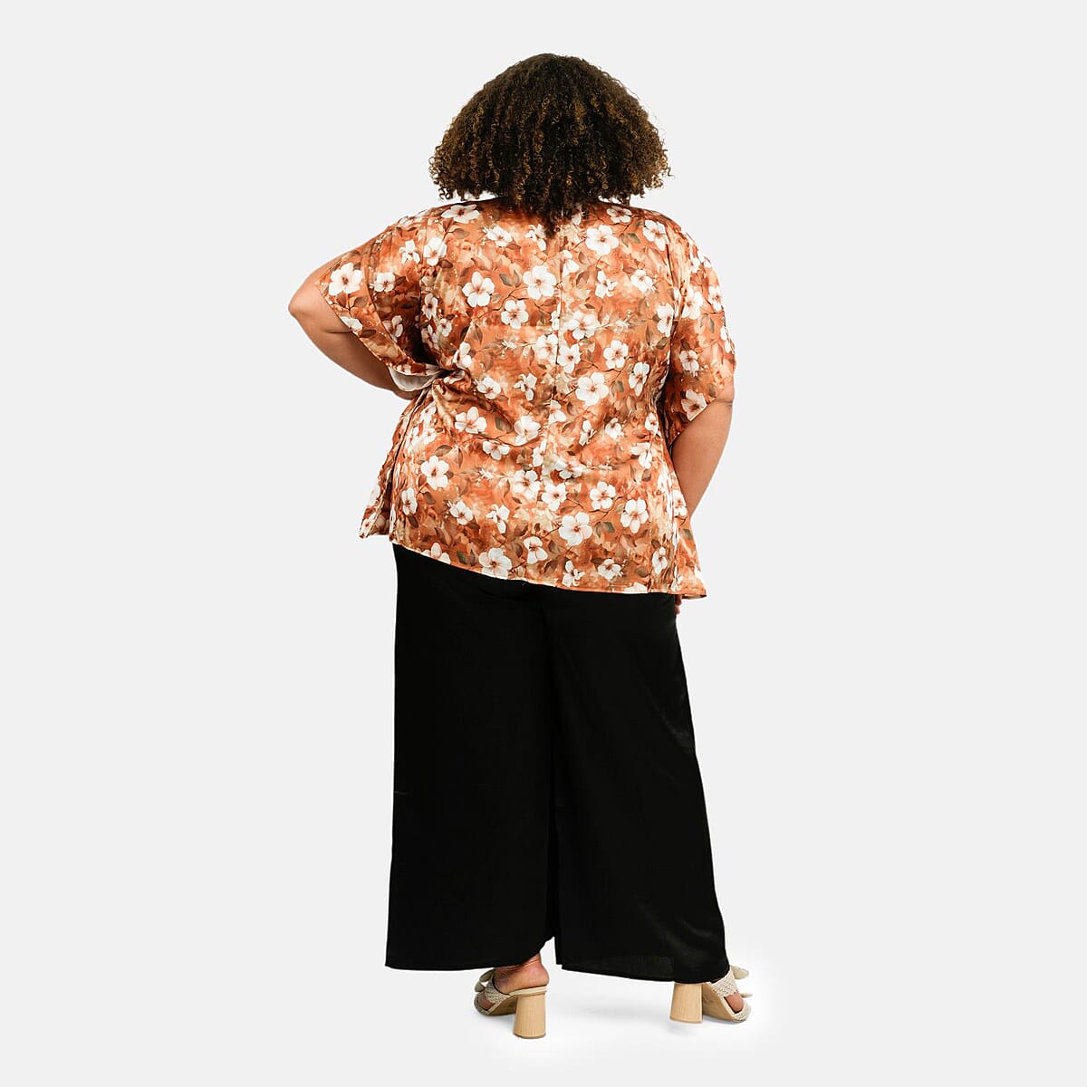 Tamsy Golden Floral Digitally Printed 2 Piece Satin Pant and Blouse Set - One Size Fits Most image number 1
