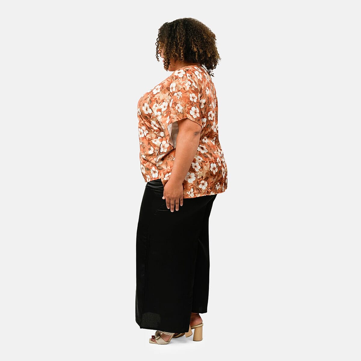 Tamsy Golden Floral Digitally Printed 2 Piece Satin Pant and Blouse Set - One Size Fits Most image number 2