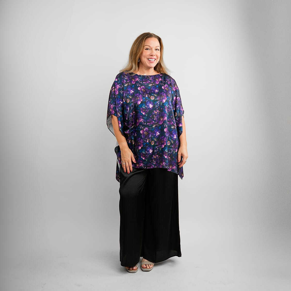 Tamsy Indigo Floral Digitally Printed 2 Piece Satin Pant and Blouse Set - One Size Fits Most image number 0