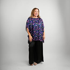 Tamsy Indigo Floral Digitally Printed 2 Piece Satin Pant and Blouse Set - One Size Fits Most