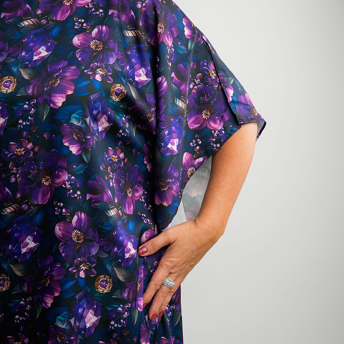 Tamsy Indigo Floral Digitally Printed 2 Piece Satin Pant and Blouse Set - One Size Fits Most image number 1