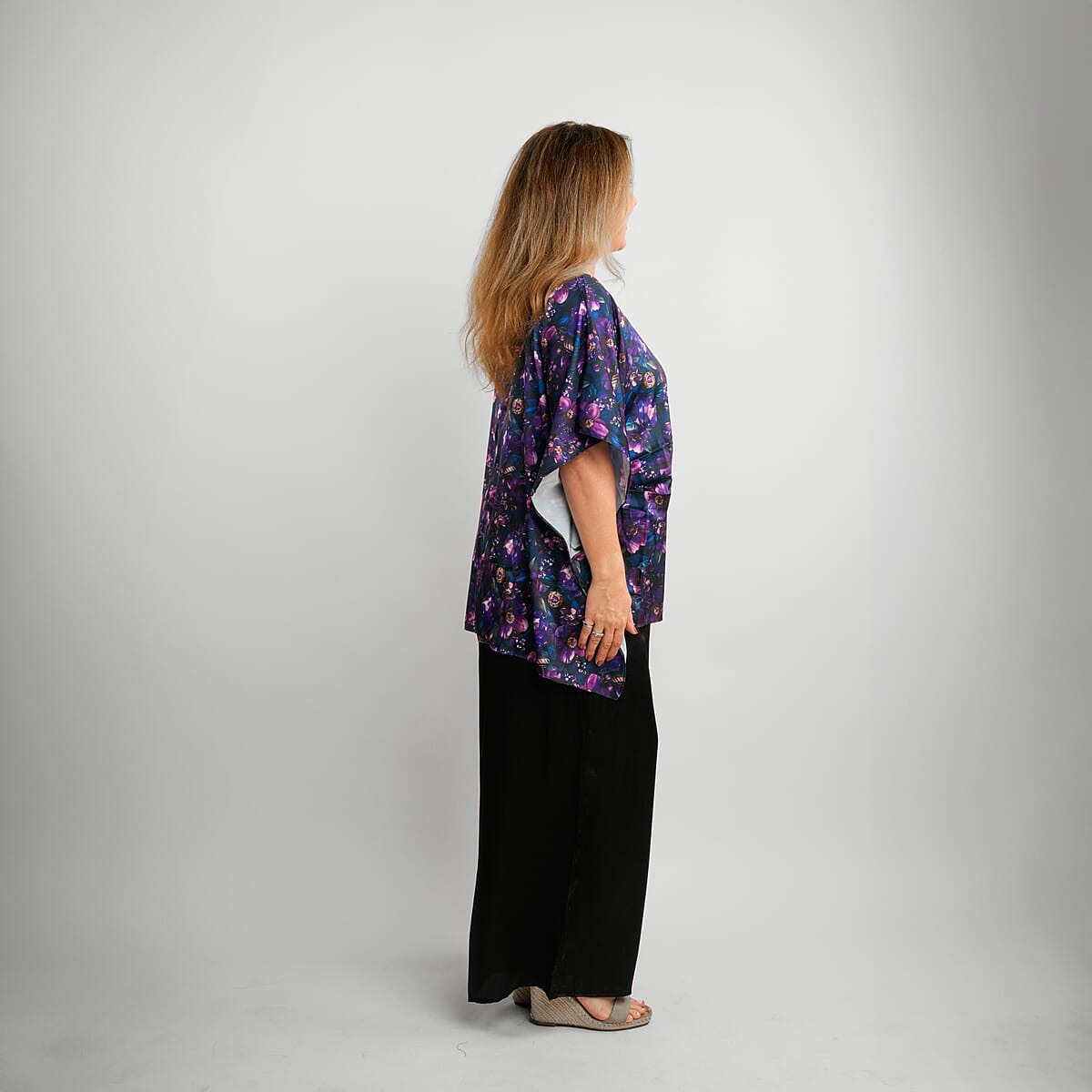 Tamsy Indigo Floral Digitally Printed 2 Piece Satin Pant and Blouse Set - One Size Fits Most image number 2
