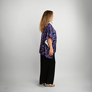 Tamsy Indigo Floral Digitally Printed 2 Piece Satin Pant and Blouse Set - One Size Fits Most