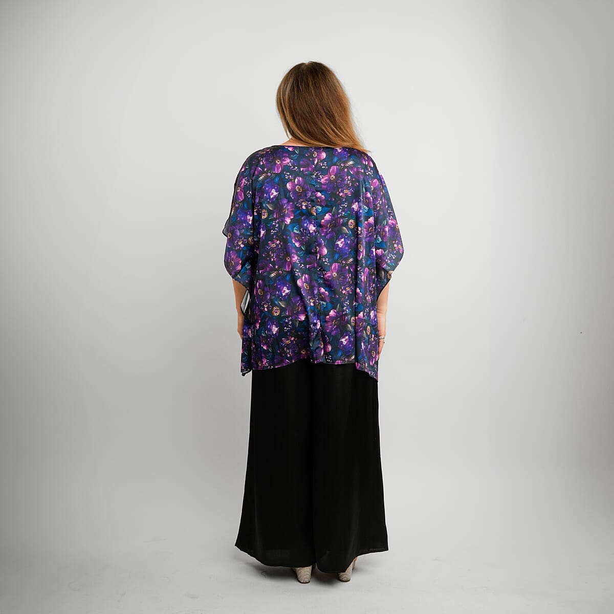 Tamsy Indigo Floral Digitally Printed 2 Piece Satin Pant and Blouse Set - One Size Fits Most image number 3